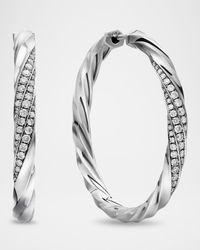 Cable Edge Hoop Earrings with Diamonds in Silver, 4mm, 1.5"L