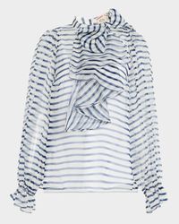 Bow-Neck Ruffle Striped Organza Blouse With Tank