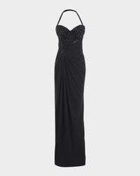 Athena Embroidered Draped Halter Gown