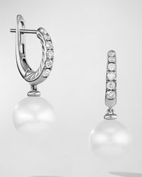 Pearl and Pave Drop Earrings with Diamonds in Silver, 9mm, 0.6"L