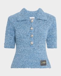Hand-Knit Denim Polo Top