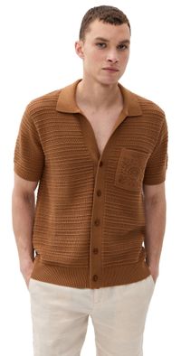 Frescobol Carioca César Panelled Crochet Stripe Cardigan Dark Almond M