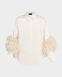 Satin Button-Down Blouse With Feather Trim