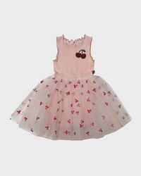 Girl's Cherries Applique Printed Tulle Dress, Size 12M-10