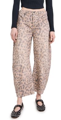 Free People Good Luck Printed Barrel Jeans Brown Sugar Combo 31