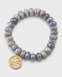 10mm Mystic Gray/Blue Moonstone Beaded Bracelet with Diamond Sunray Charm
