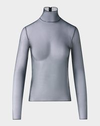 Mock-Neck Stretch Tulle Fitted Long-Sleeve Shirt