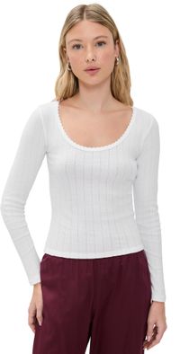 Leset Pointelle Scoop Neck Long Sleeve Shirt White XL