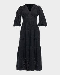 Sicily 3/4-Sleeve Floral Embroidered Midi Dress