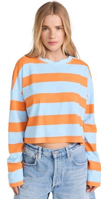 ASKK NY Printed Cropped Long Sleeve Top Orange Blue Stripe 2