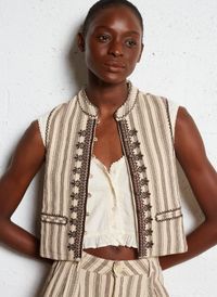 Maison Hotel - Veste col rond rayée en coton - Taille L - Beige