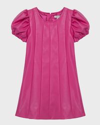 Girl's Faux Leather Puff Sleeves Dress, Size 2-6
