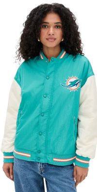 Terez Dolphins Colorblock Bomber Jacket Dolphins Aqua/Sugar Swizzle L