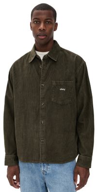 Obey Buckley Corduroy Shirt Black Olive Faded Wash M