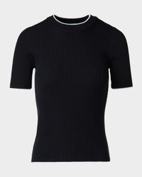 Contrast Piping Short-Sleeve Rib Sweater