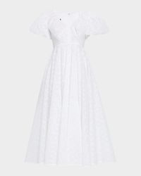 Pril Flower Organdi Puff-Sleeve Midi Dress