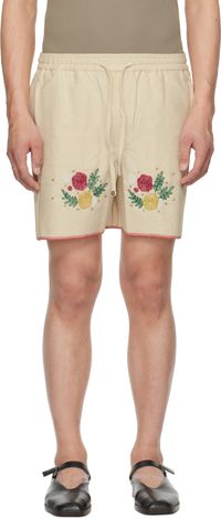 HARAGO Off-White Beadwork Floral Shorts