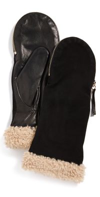 Carolina Amato Shearling Cuff Mittens Black/Natural M/L