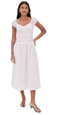 WAYF Ruched Waist Midi Dress Mocha/Ivo Pinstripe XL