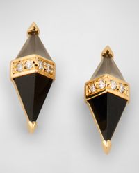 18K Yellow Gold Earrings with Grey Moonstone, Black Onyx and GH-SI Diamonds, 12x5mm