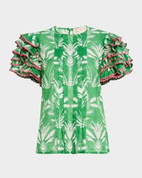 Palm-Print Cotton Voile Ruffle Short-Sleeve Blouse