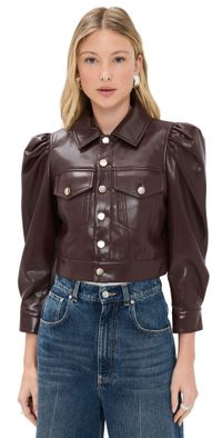 alice + olivia Lana Vegan Leather Puffed Sleeve Jacket Dark Chocolate XL