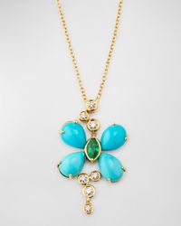 18K Yellow Gold Pendant Necklace with Diamonds, Turquoise and Emerald