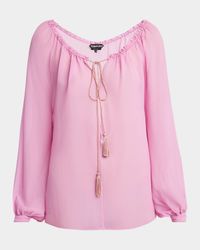 Long-Sleeve Drawstring Silk Georgette Blouse