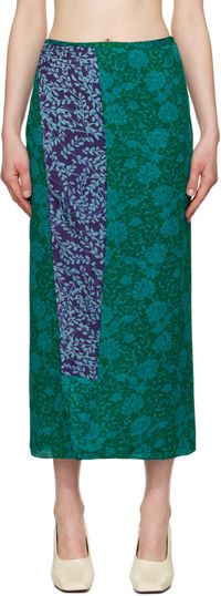 Dries Van Noten Jupe midi bleue en soie à motif fleuri