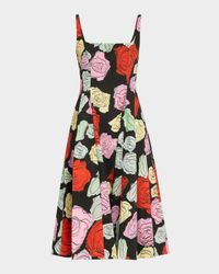 Sleeveless Rose-Print Cotton Poplin Midi Dress