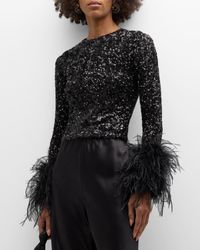 Delaina Sequined Feather-Cuff Top