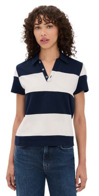 Madewell Pieced Boxy Polo Tee Midnight Navy/Vintage Linen XL