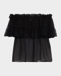 Lace Ruffle Off-The-Shoulder Silk Blouse