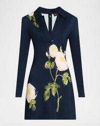 Long-Sleeve Painted White Roses Milano Jersey Mini Dress