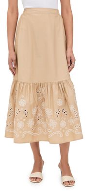 Moon River Eyelet Detail Midi Skirt Khaki L