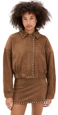 Moon River Stud Detail Zipper Front Faux Suede Jacket Camel M