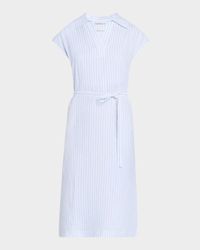 Striped Cap-Sleeve Linen Midi Dress