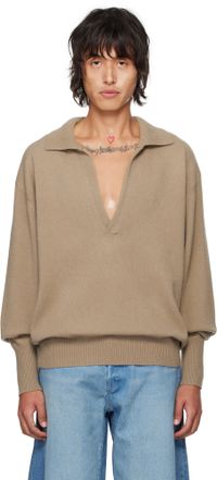 stein Polo beige en tricot de laine extrafine à col italien ouvert