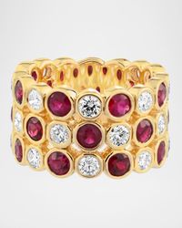 18K Yellow Gold Diamond and Ruby Three-Row Ring, Size 7