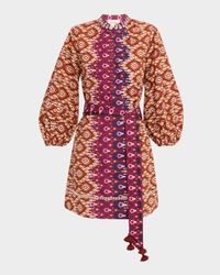 Hailey Ikat-Print Balloon-Sleeve Belted Mini Shirtdress