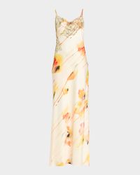 Watercolor Floral Lace-Trim Slip Gown