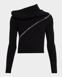 Spiral Zipped Cowl-Neck Rib Crop Sweater