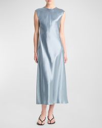 Bias Satin Crewneck Cap-Sleeve Midi Dress