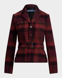 Belted Wool-Blend Plaid Tweed Jacket