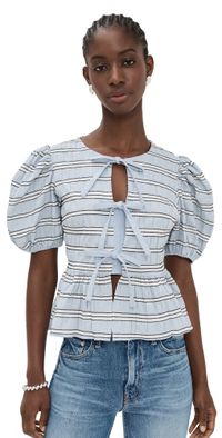 English Factory Bow Detailed Puff Sleeve Top Powder Blue Multi S