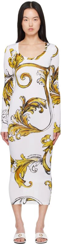 Versace Jeans Couture White & Yellow Outline Barocco Midi Dress