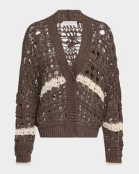 Stripe Cotton-Jute Open Knit V-Neck Cardigan