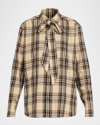 Neck-Tie Plaid Button-Down Blouse