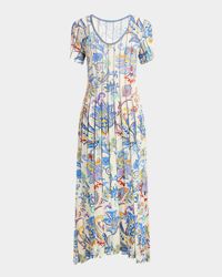 Blue Bouquet Pleated Knit Midi Sweater Dress