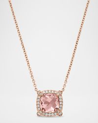Petite Chatelaine Pave Bezel Pendant Necklace in 18K Yellow Gold with Morganite